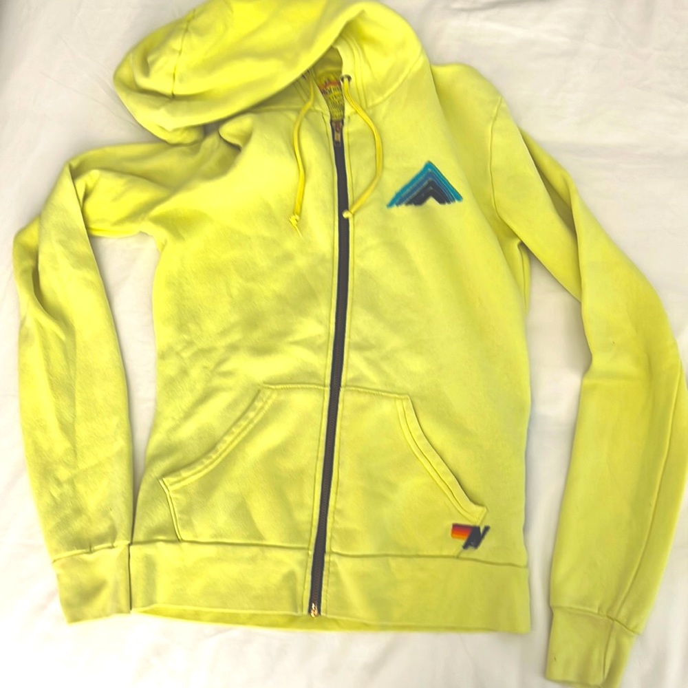 Aviator Nation Neon Yellow Zip Hoodie with Blue Chevron Logo